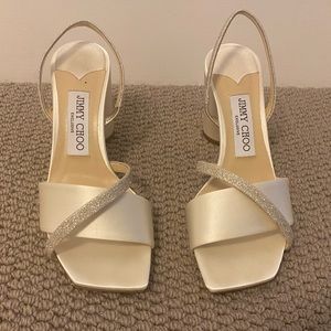 Jimmy Choo Plum Satin & Glitter Slingback Sandals Ivory NEW